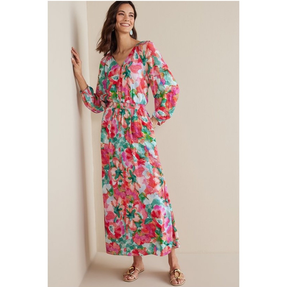 Soft Surroundings Floral Maxi Dress Pink Green Boho Cottagecore Spring‎ S